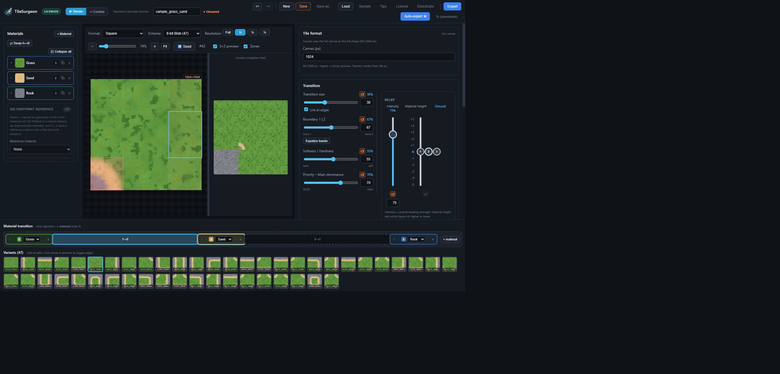 Full UI with zones, three materials, and variants