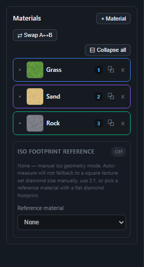 Materials panel listing Grass, Sand, and Rock