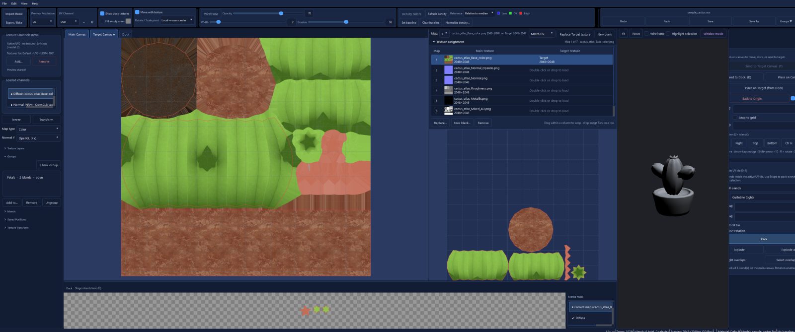 UV Surgeon workspace with main UV, Target textures, dock, and 3D preview