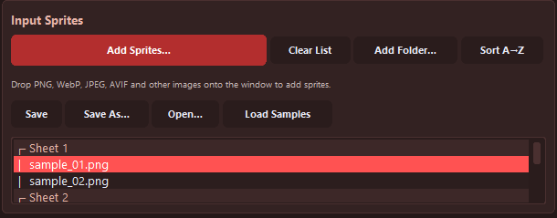 Input Sprites card with Add Sprites, folder, sort, Load Samples, and a selected sample_01.png