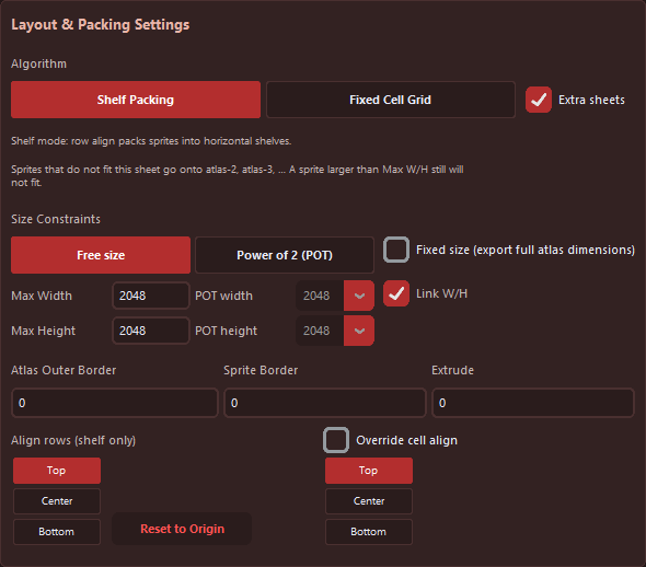 Layout and Packing Settings: Shelf Packing, Free size 2048, borders and row align