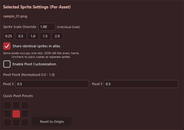 Selected sprite pivot presets, trim transparent pixels, and Atlas Adjust sliders