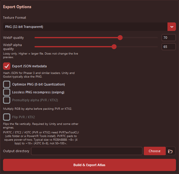 Export Options: PNG format, WebP quality sliders, JSON, pngquant, oxipng, Flip PVR/KTX2, Build and Export Atlas