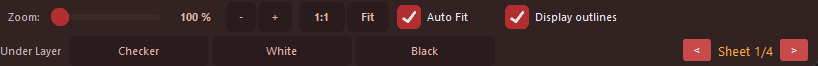 Preview footer with zoom slider, 1:1, Fit, Auto Fit, Display outlines, Under Layer Checker White Black