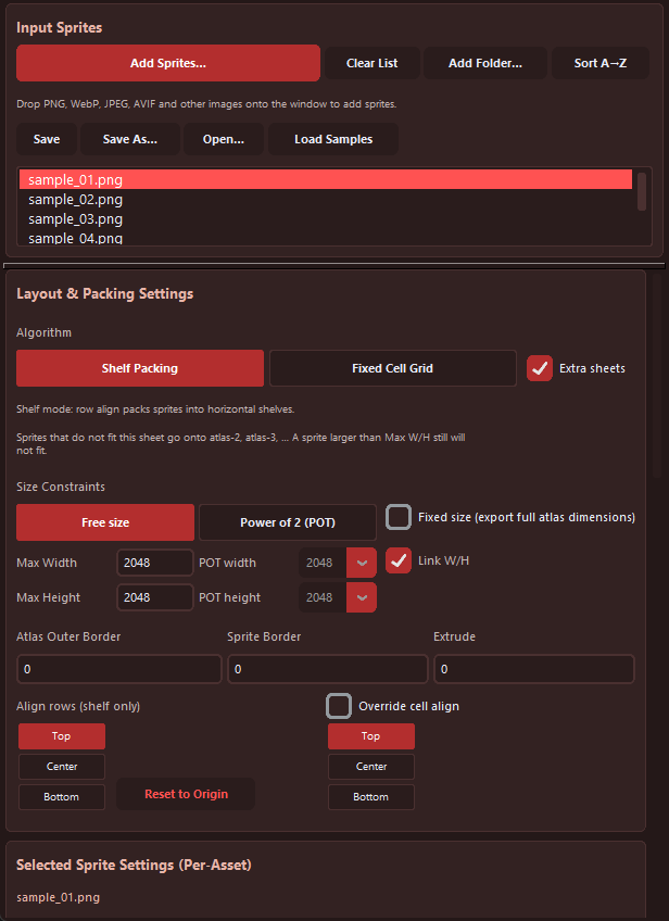 Left inspector showing Input Sprites, Layout and Packing Settings, and the start of Selected Sprite Settings