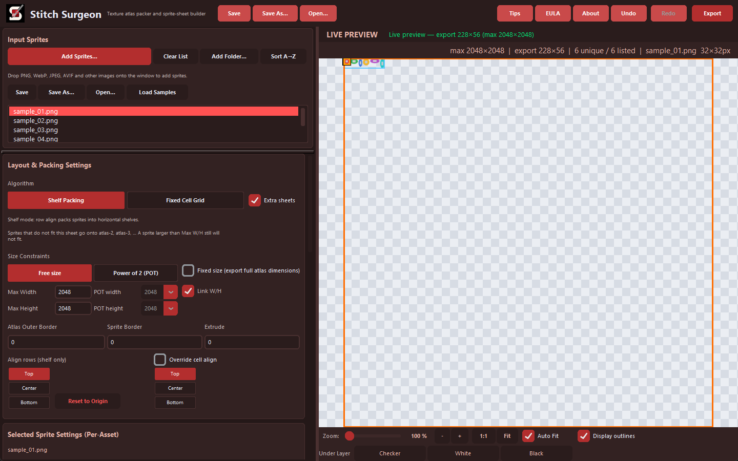 Stitch Surgeon main window: toolbar, left inspector, live preview with packed sample sprites
