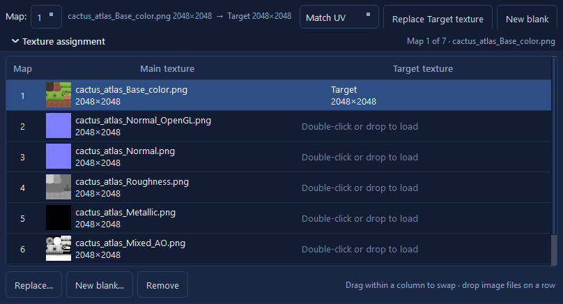 Texture assignment above the Target canvas: each map pairs a Main texture with its own Target texture