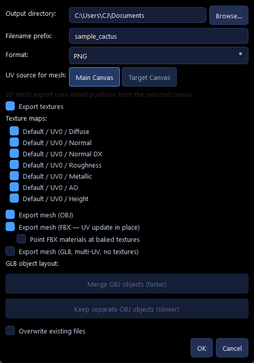 Export / Bake dialog with texture, OBJ, and FBX UV update options