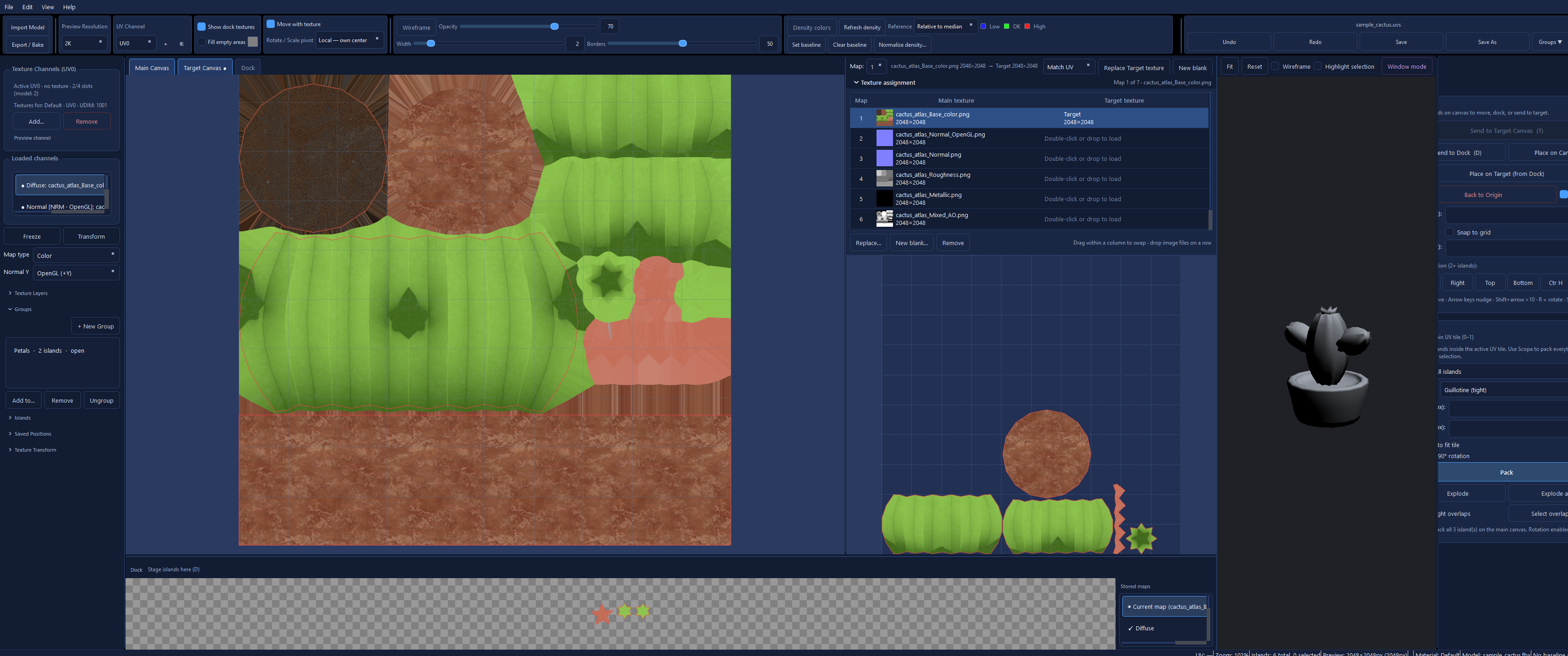 UV Surgeon workspace with sample cactus: sidebar, main UV, Target canvas with Texture assignment, dock, and 3D preview
