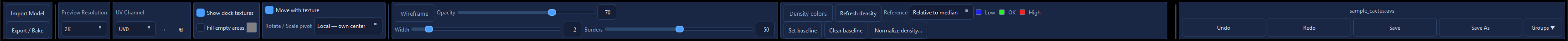 Top toolbar with preview resolution, UV0, Move with texture, and Local/Global pivot